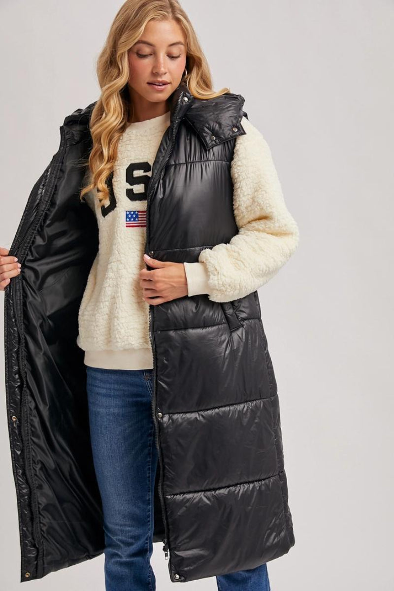 BLUIVY LONG LINE BELT PUFFER HOODED VEST - FRONT VIEW