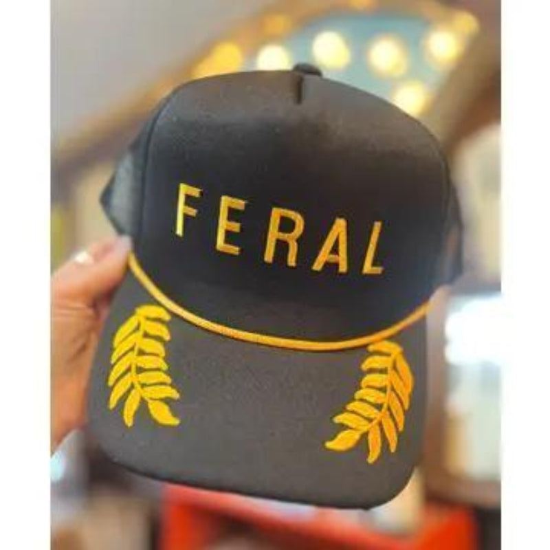 Vintage Bliss FERAL Trucker Hat Black & Gold Leaf Pattern Sarcastic