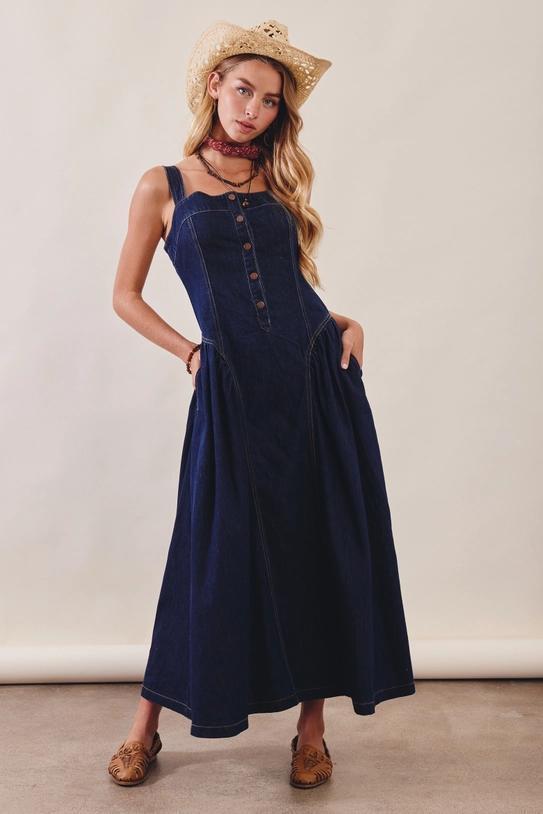 Button-Front Denim Maxi Dress