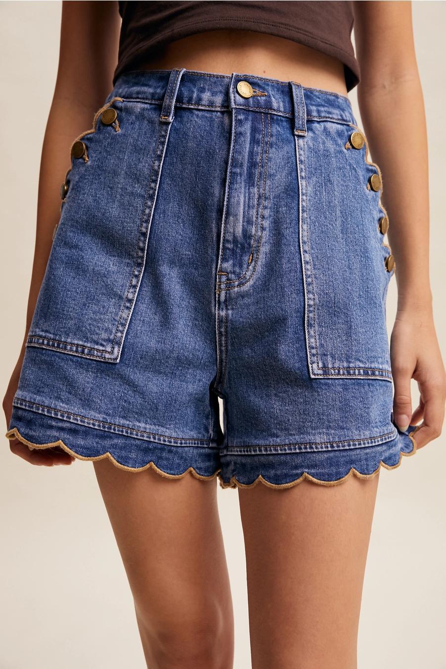 Scallop Button-Side Stretch Denim Shorts