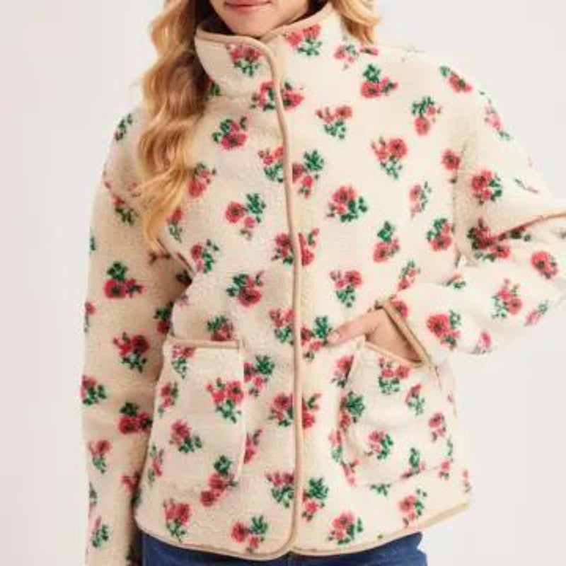 BLUIVY SNAP-BUTTON DOWN FLORAL SHERPA FLEECE JACKET - FRONT VIEW