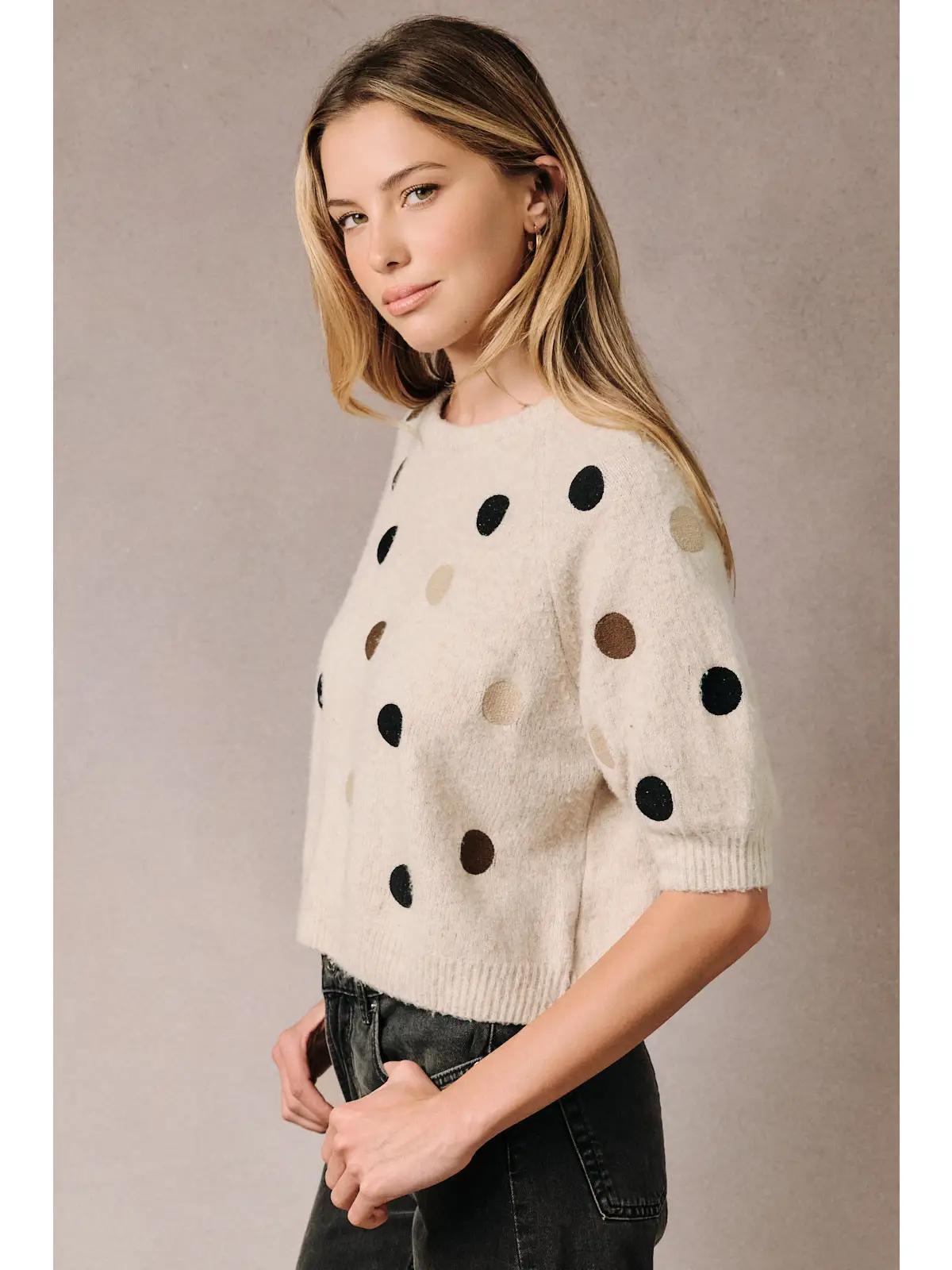 Fuzzy Polka Dot Raglan Short Sleeve Knit Sweater