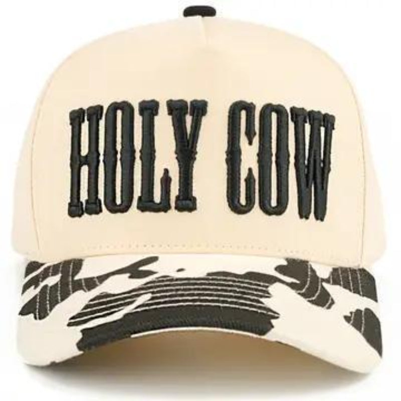 C.C HOLY COW Letter Embroidered Two Tone Trucker Hat Black - Front View