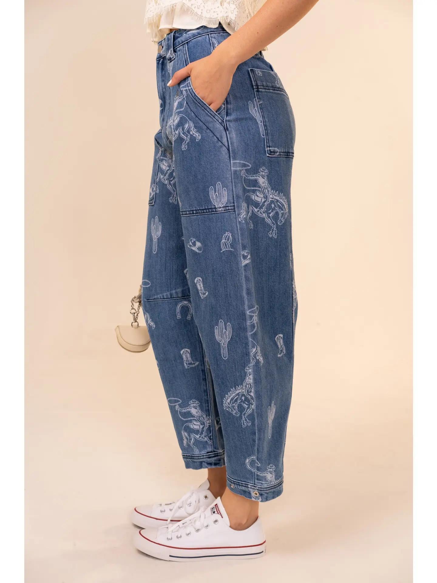 Western Print Barrel Leg Denim Jean - Medium Wash