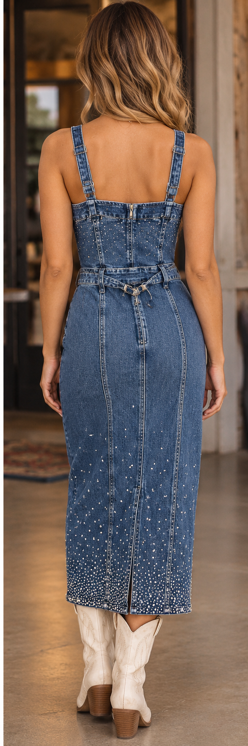Rock & Roll Denim Crystal Studded Dress