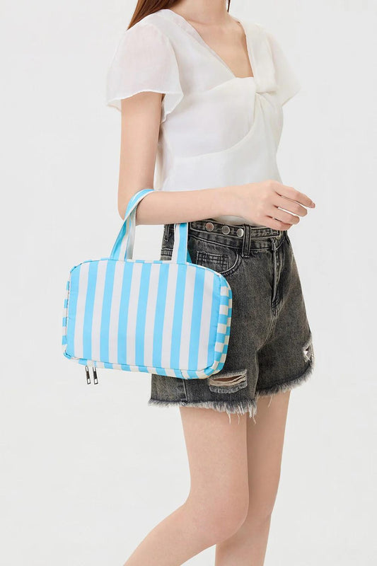 Striped Hanging Toiletry & Makeup Organizer Bag - BLUE OFF WHITE