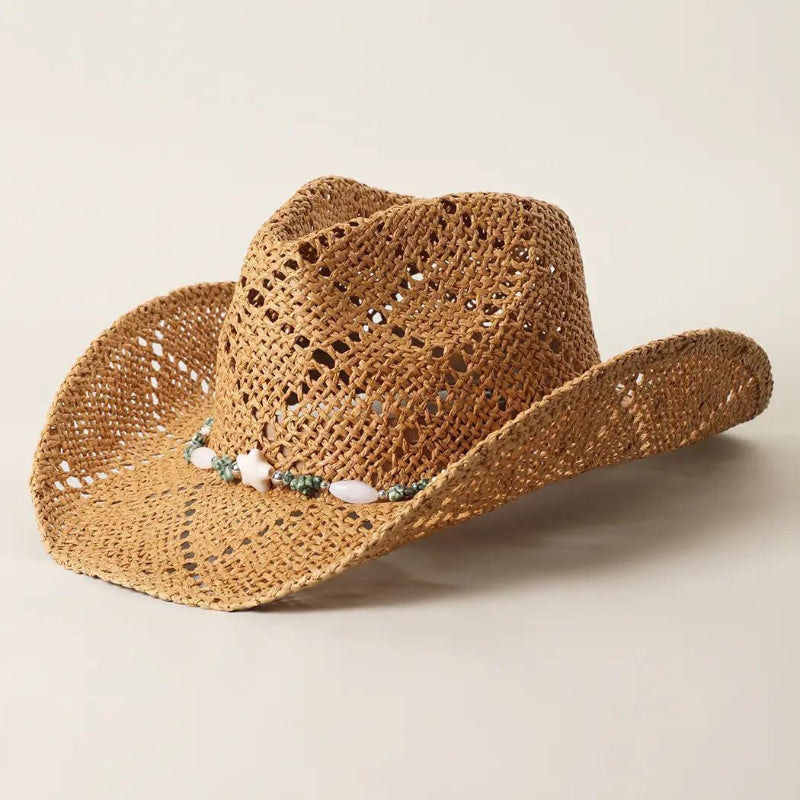 Fashion City Paper Straw Cowboy Hat With Shell Beaded Band 