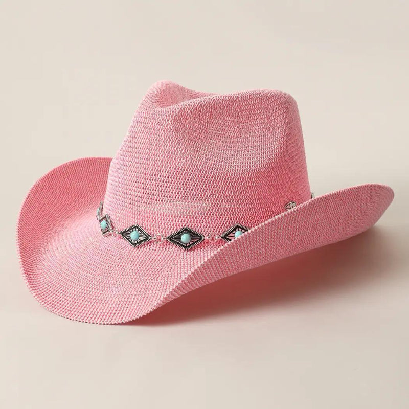 Fashion City Cowboy Straw Hat With Turquoise Metal Band