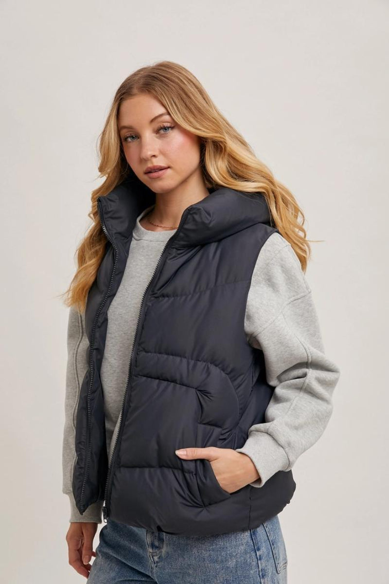 BLUIVY ZIPPER DOWN PUFFER HOODED VEST | ASH - SIDE VIEW