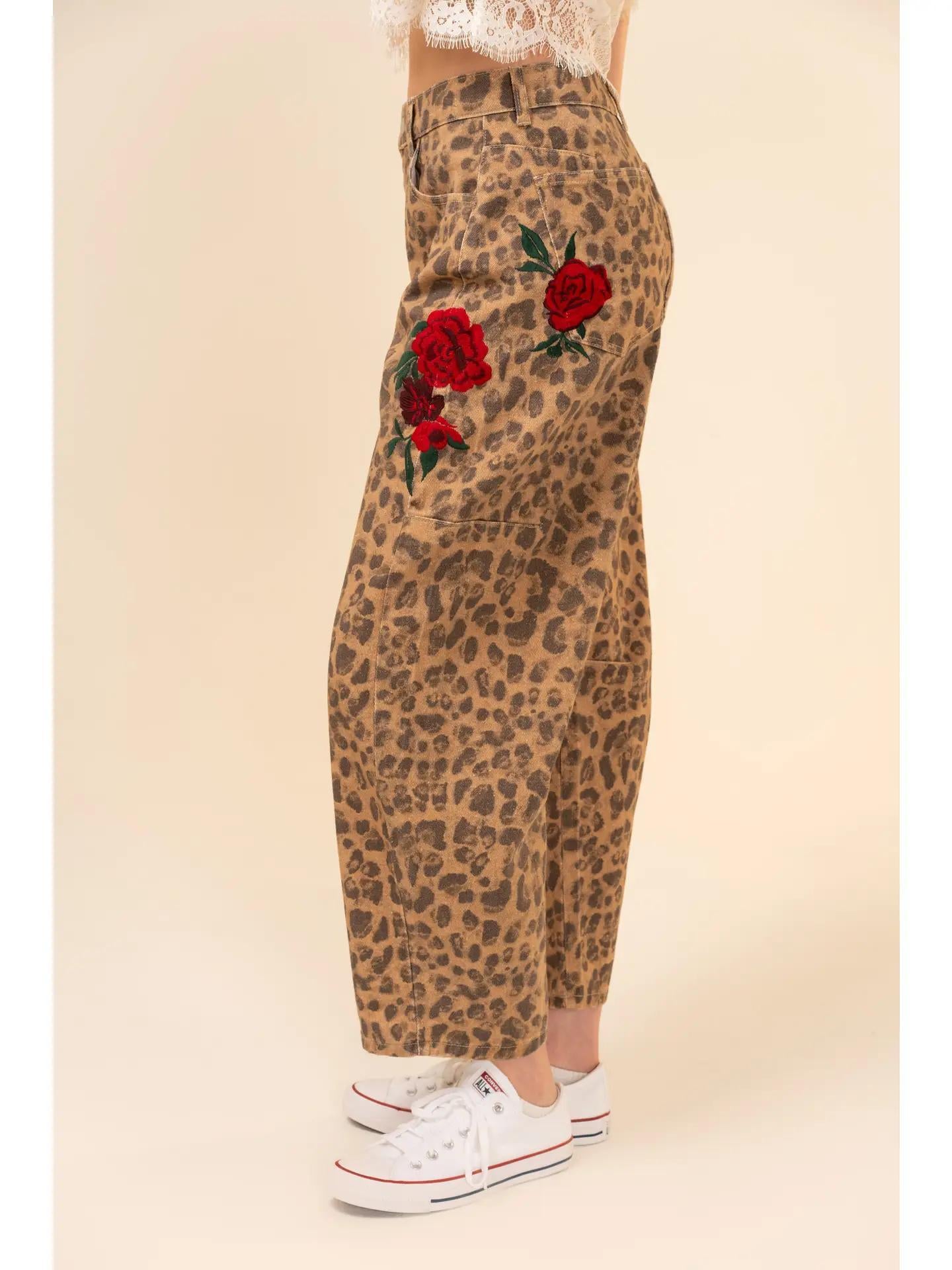 ROSE EMRBROIDERED LEOPARD BARREL PANTS