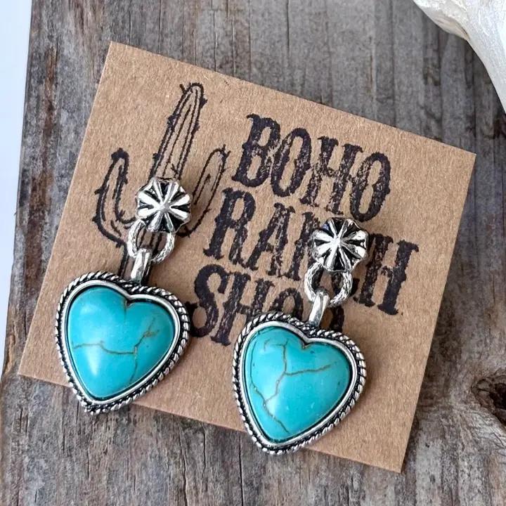 Turquoise Stone Western Heart Dangle Drop Earrings