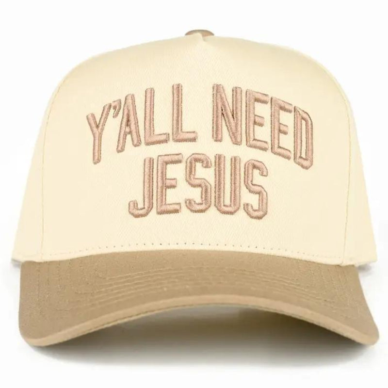 C.C Y'ALL NEED JESUS Embroidered Letter Two Tone Trucker Hat Beige