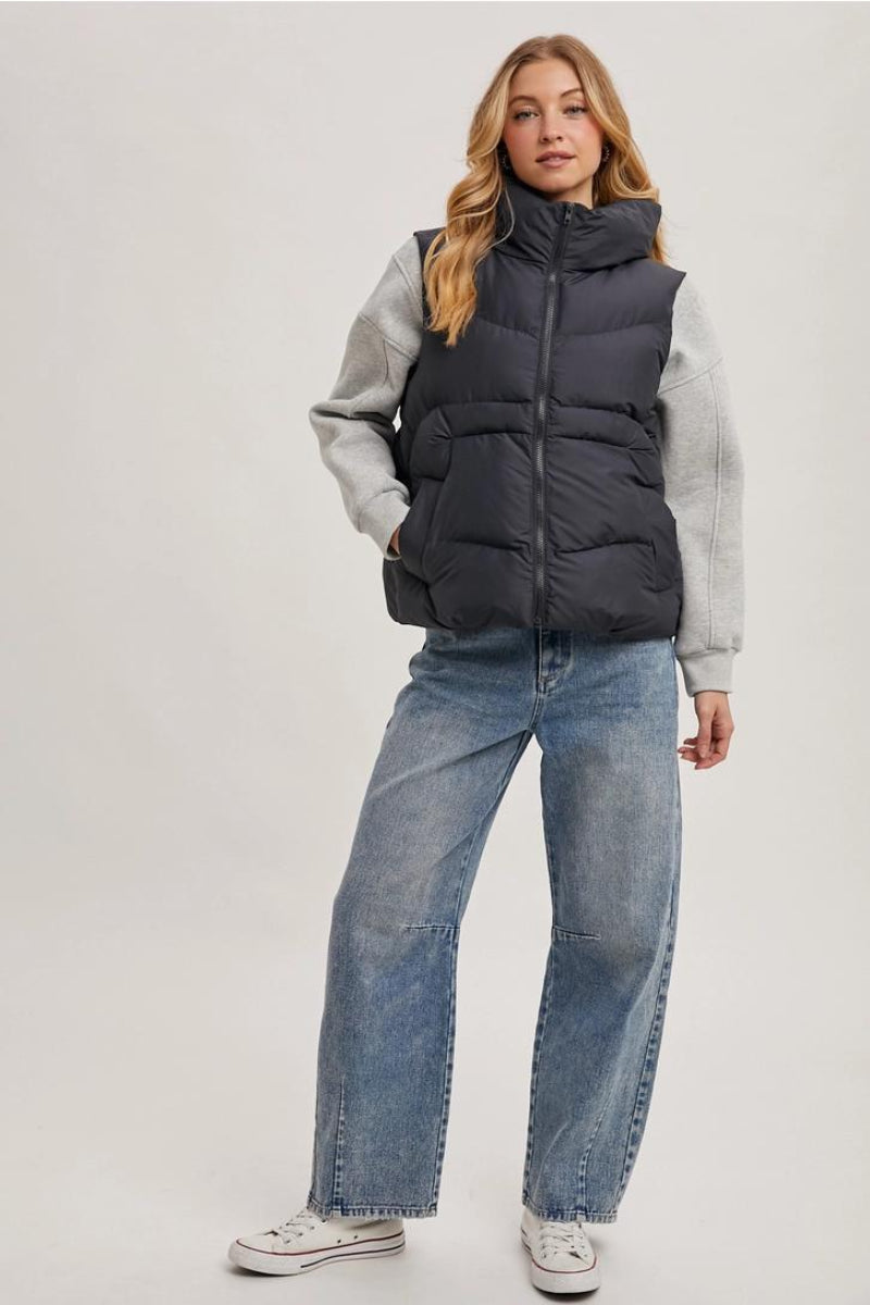 BLUIVY ZIPPER DOWN PUFFER HOODED VEST | ASH - FRONT VIEW