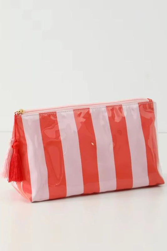 TRAVEL STRIPE COSMETIC MAKEUP POUCH BAG PINK RED
