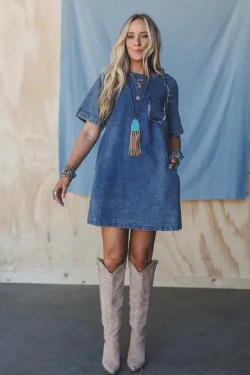 Three Bird Nest Pocket Dress – Blue