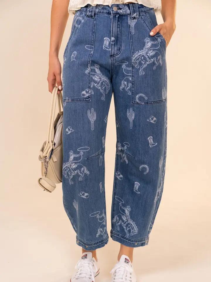 Western Print Barrel Leg Denim Jean - Medium Wash