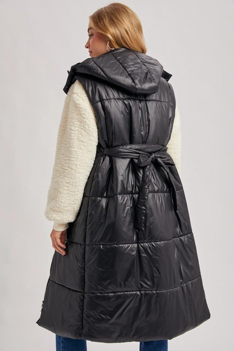 BLUIVY LONG LINE BELT PUFFER HOODED VEST - BACK VIEW