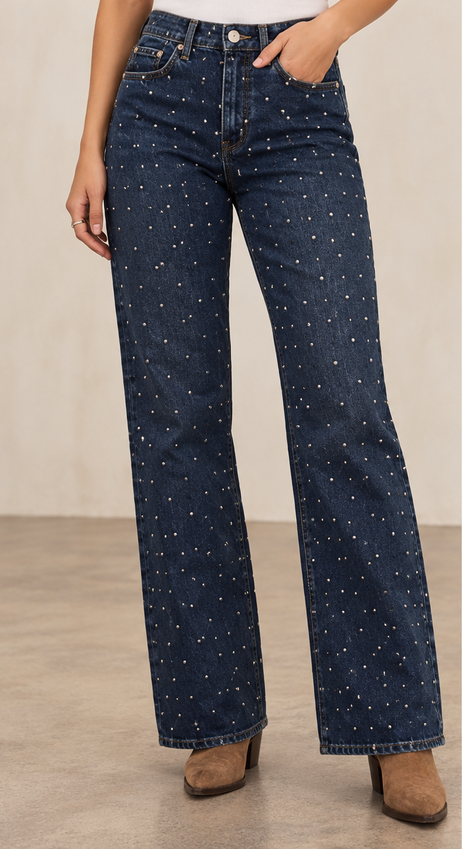 Rock & Roll Denim Micro Studded Boot Cut Pants-A