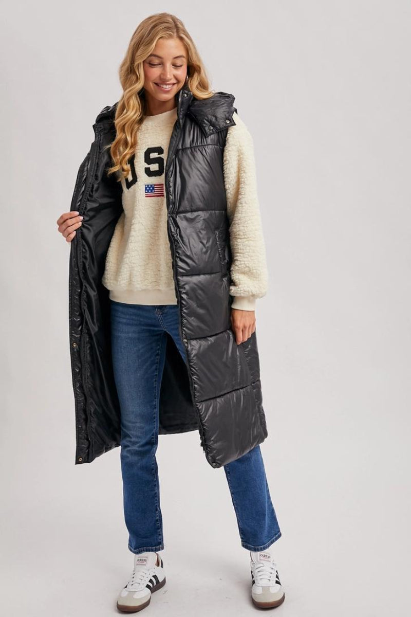 BLUIVY LONG LINE BELT PUFFER HOODED VEST - FRONT VIEW