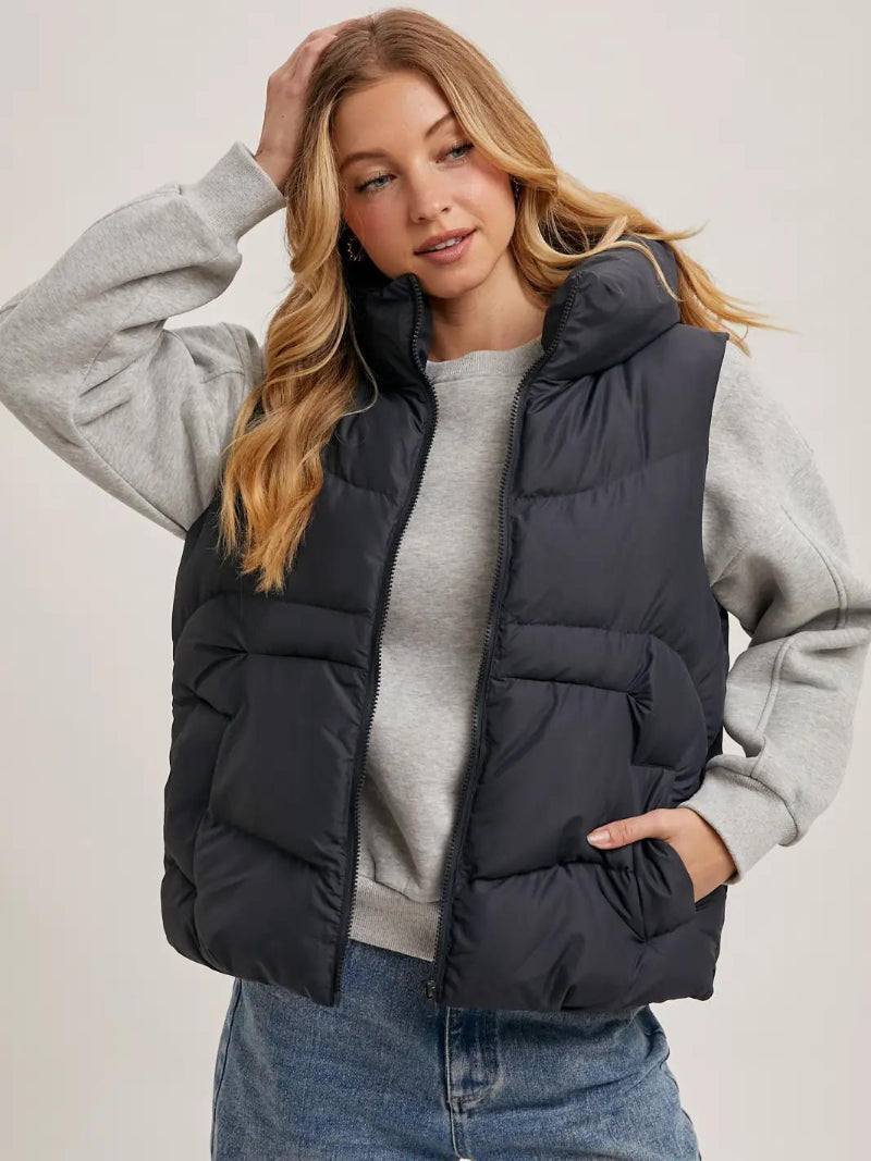 BLUIVY ZIPPER DOWN PUFFER HOODED VEST | ASH - FRONT VIEW