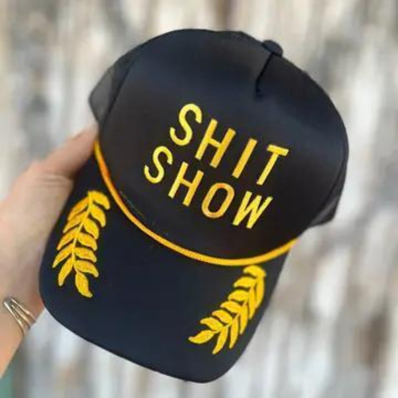 Vintage Bliss Shit Show Trucker Hat Black & Gold Leaf Pattern Sarcastic
