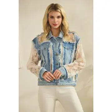 Denim Jacket with Floral Organza Inset - Med Wash