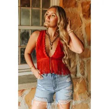 Lace Fringe Hem Crop Top – Red