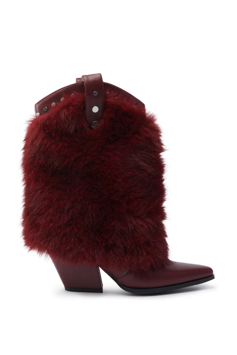 Violetta-Burgundy Faux Fur Western Bootie
