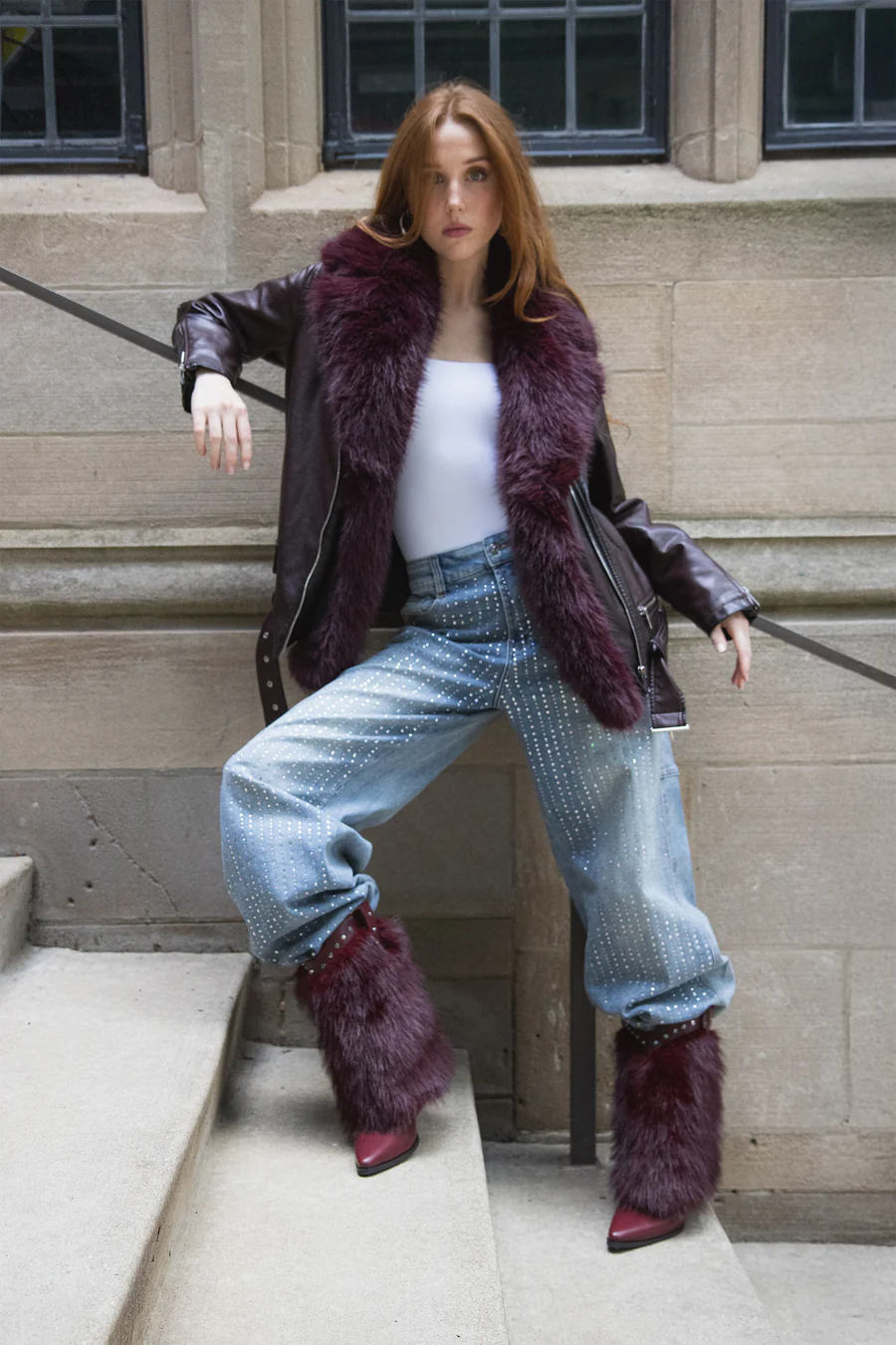Violetta-Burgundy Faux Fur Western Bootie