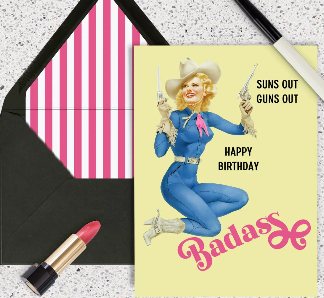 Western Pinup Cowgirl With Guns Happy Birthday Badass Card