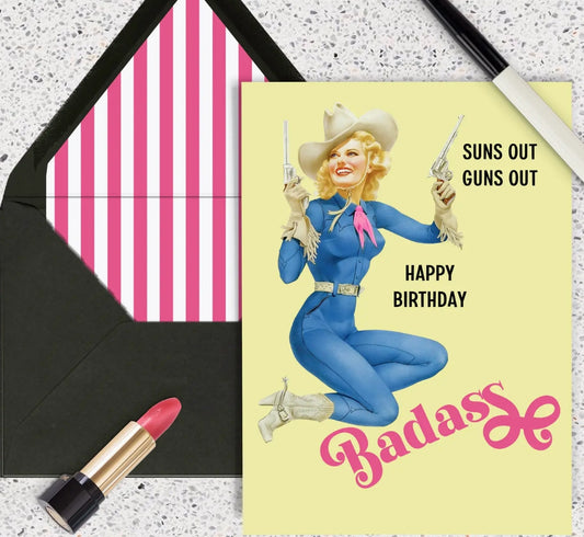 Western Pinup Cowgirl With Guns Happy Birthday Badass Card