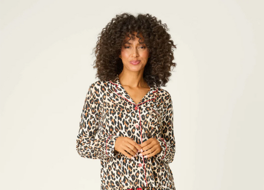 P.J. Salvage Holiday Dreams Leopard Print Buton Down Top