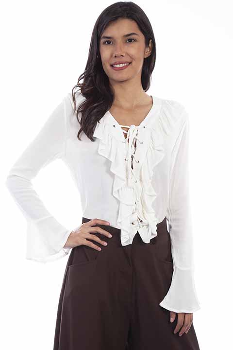 Ruffled Front Lace Up Blouse