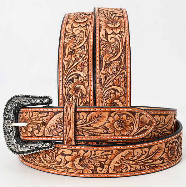 American Darling Tan Hand-Tooled Leather Belt with Classic Floral Design & Silver Buckle