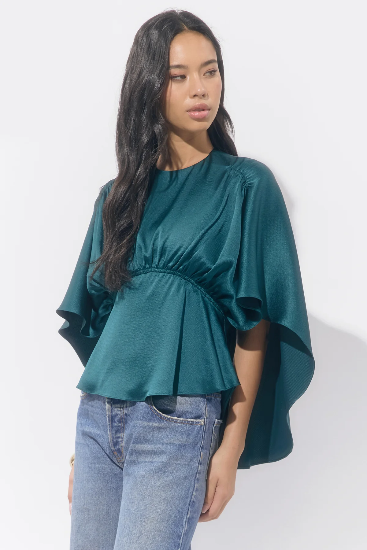 Jade Satin Cape Blouse - Dark Teal