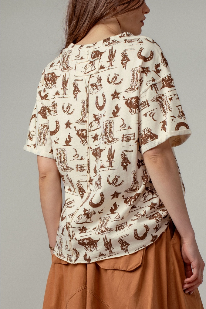 Western Graphic Print Relaxed Fit Tee - Cream