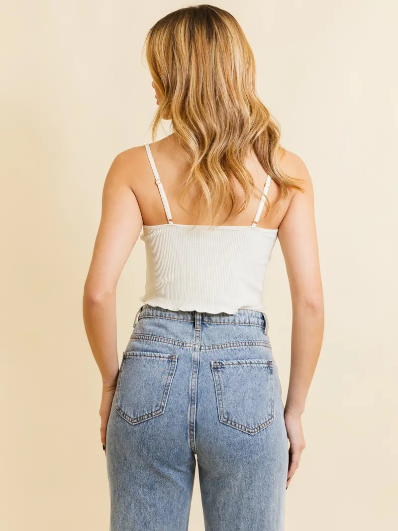 Daisy Embroidered Ribbed Lettuce Edge Brami