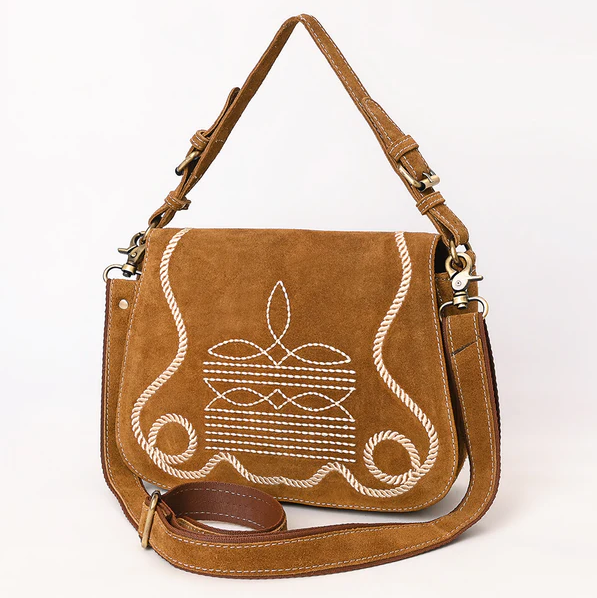American Darling Genuine suede Western Shoulder Bag with Rope Embroidery-Convertible Crossbody Purse