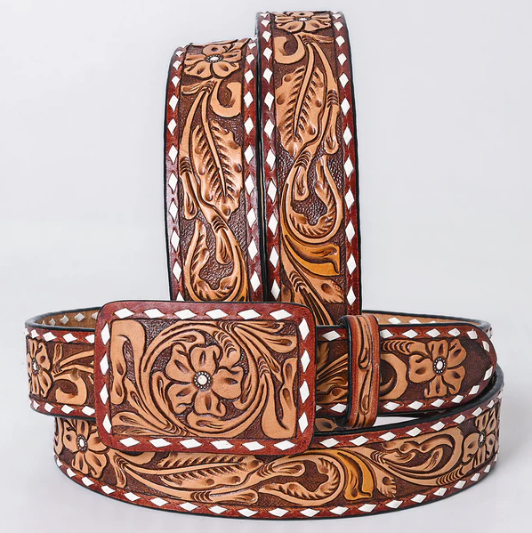 American Darling Western Tooled Leather Belt - Chestnut Floral Scroll with White Diamond Edge