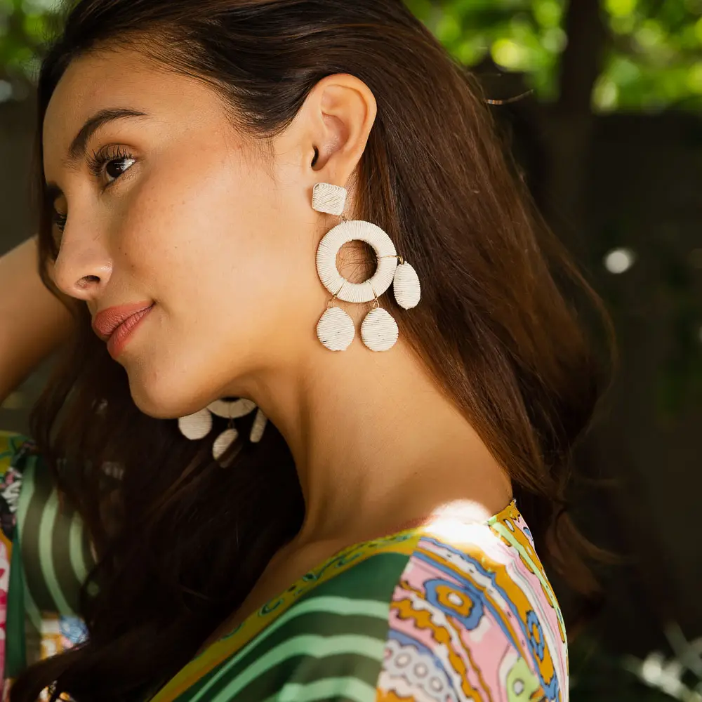 Raffia Wrapped Circle and Teardrop Earrings