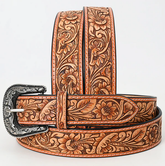 American Darling Tan Hand-Tooled Leather Belt with Classic Floral Design & Silver Buckle