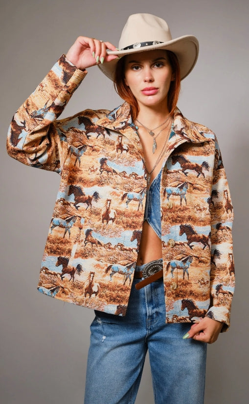 Blue B Western Pattern Button Front Jacquard Jacket