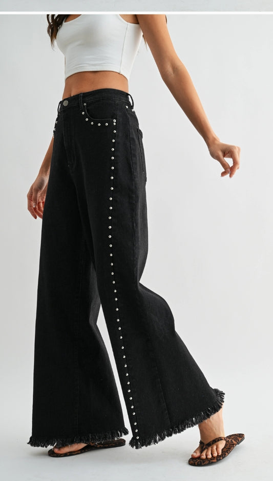 Camellia High Waisted Black Wide-Leg Denim Stud Pants