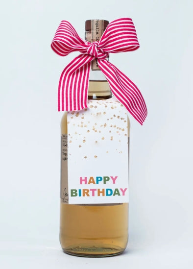 Happy Birthday Confetti White Paper Wine Tag w/Pink Ribbon