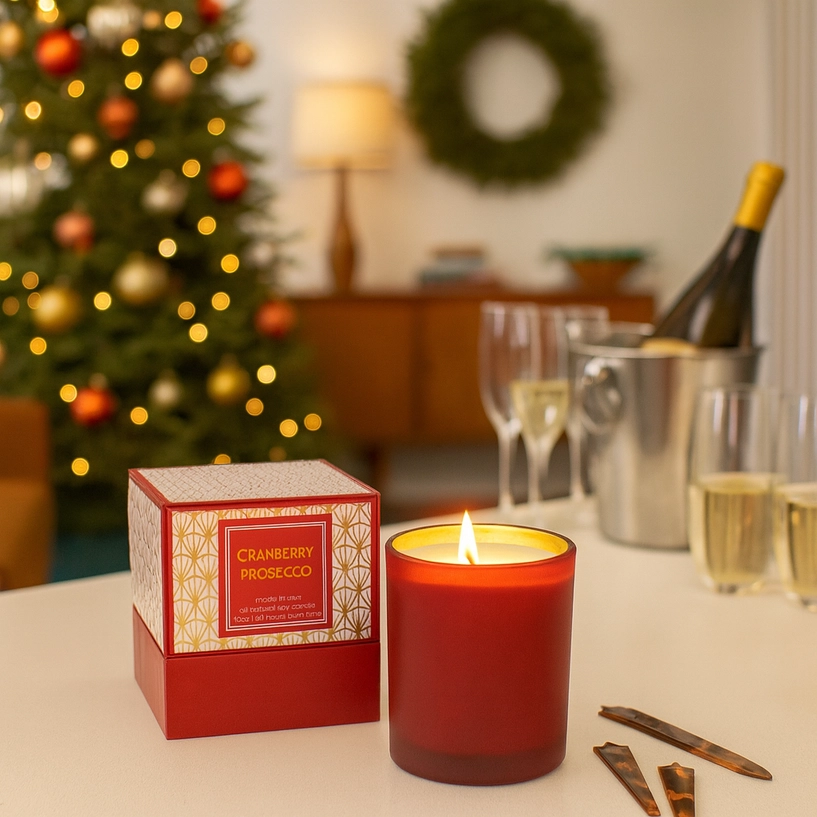 Red Cranberry Prosecco Gold Foil Boxed Holiday Candle