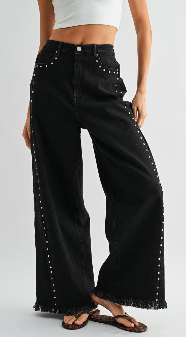 Camellia High Waisted Black Wide-Leg Denim Stud Pants