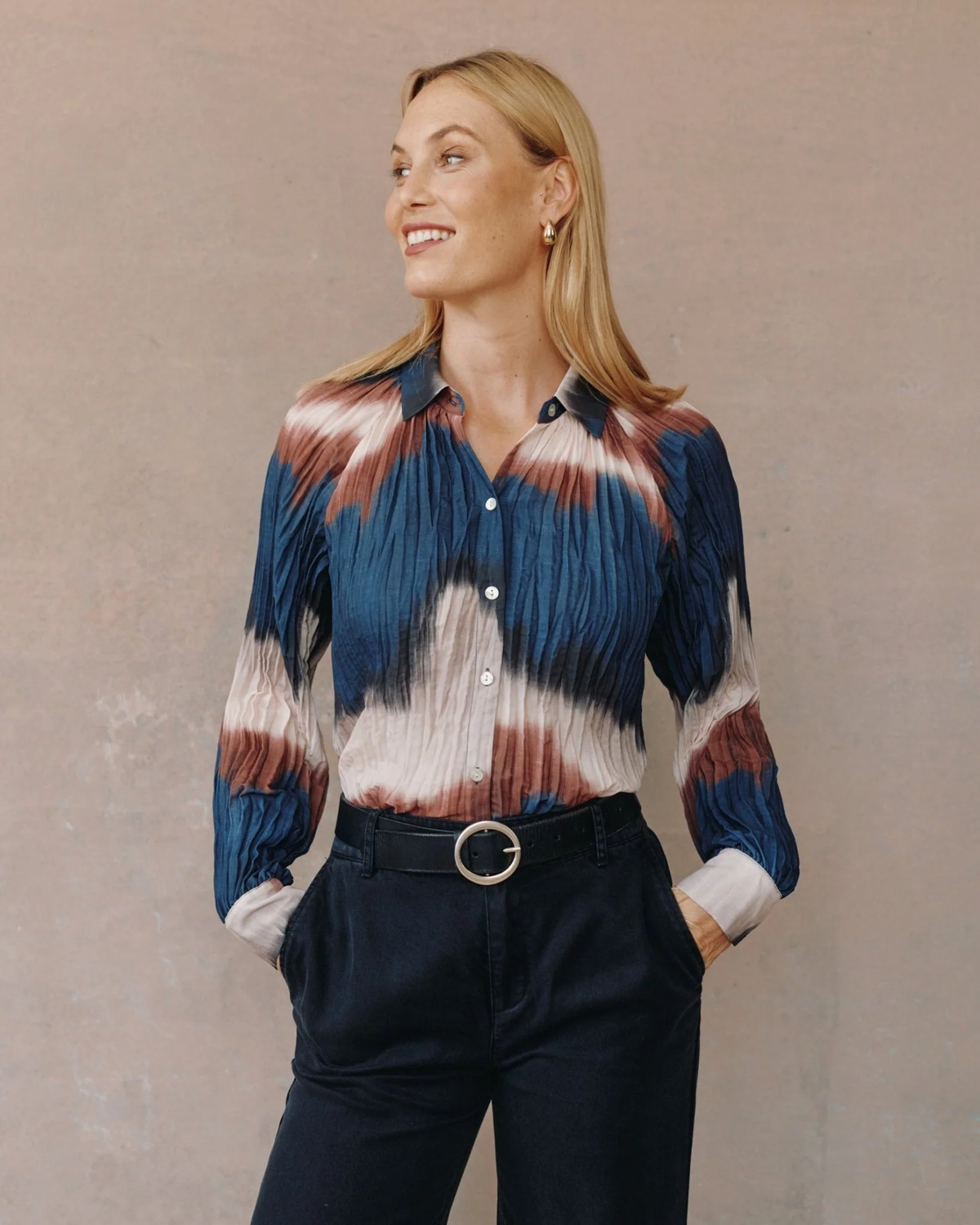 Pleated Raglan Sleeve Shirt - Midnight Tides Print