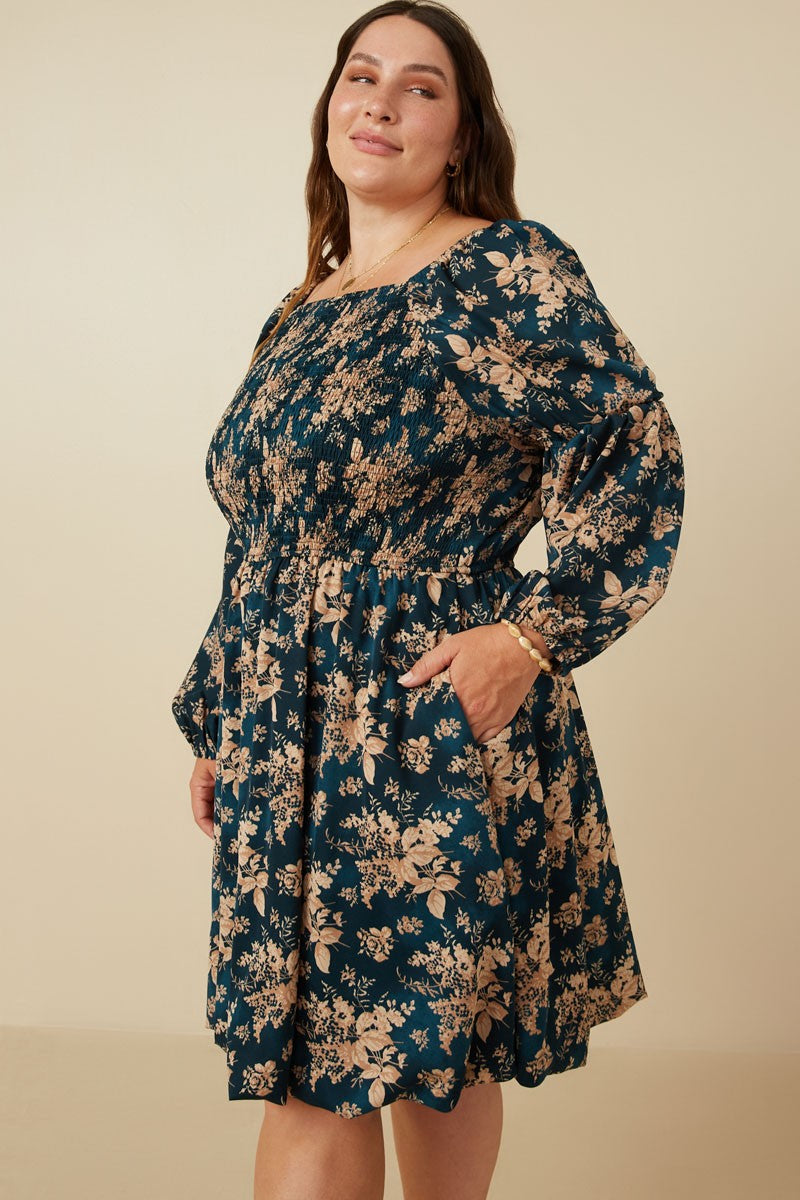 Wide Neck Floral Print Long sleeved Midi Dress - Teal