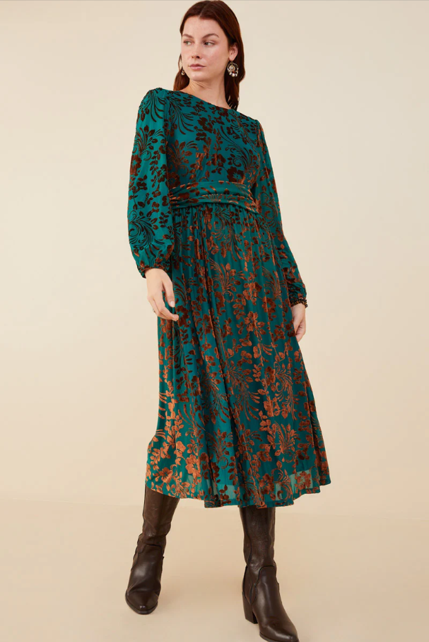 Burnout Floral Sash Detail Velvet Dress