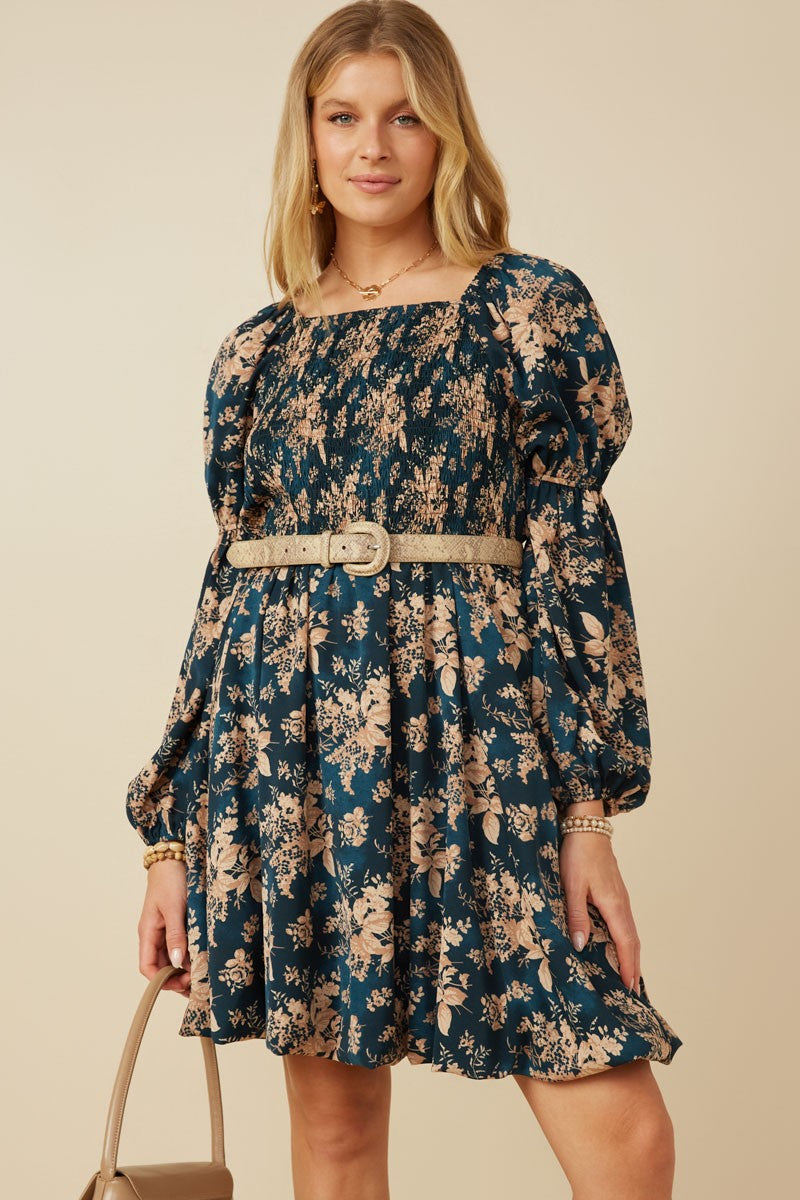 Wide Neck Floral Print Long sleeved Midi Dress - Teal